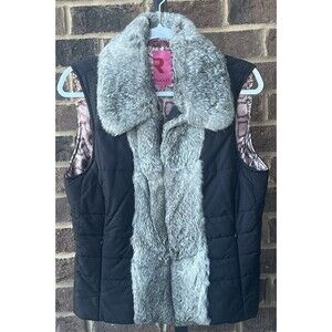 Radley‎ Black Rabbit Fur Trim Vest zip pockets snakeskin Print lining Medium